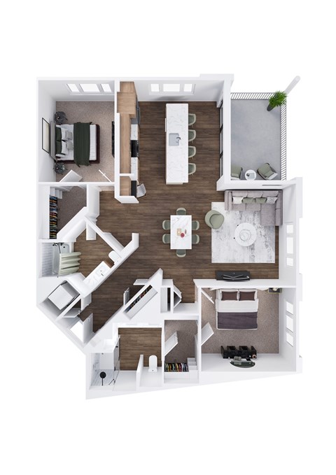 A 3D floor plan of a house with a kitchen, living room, and two bedrooms.